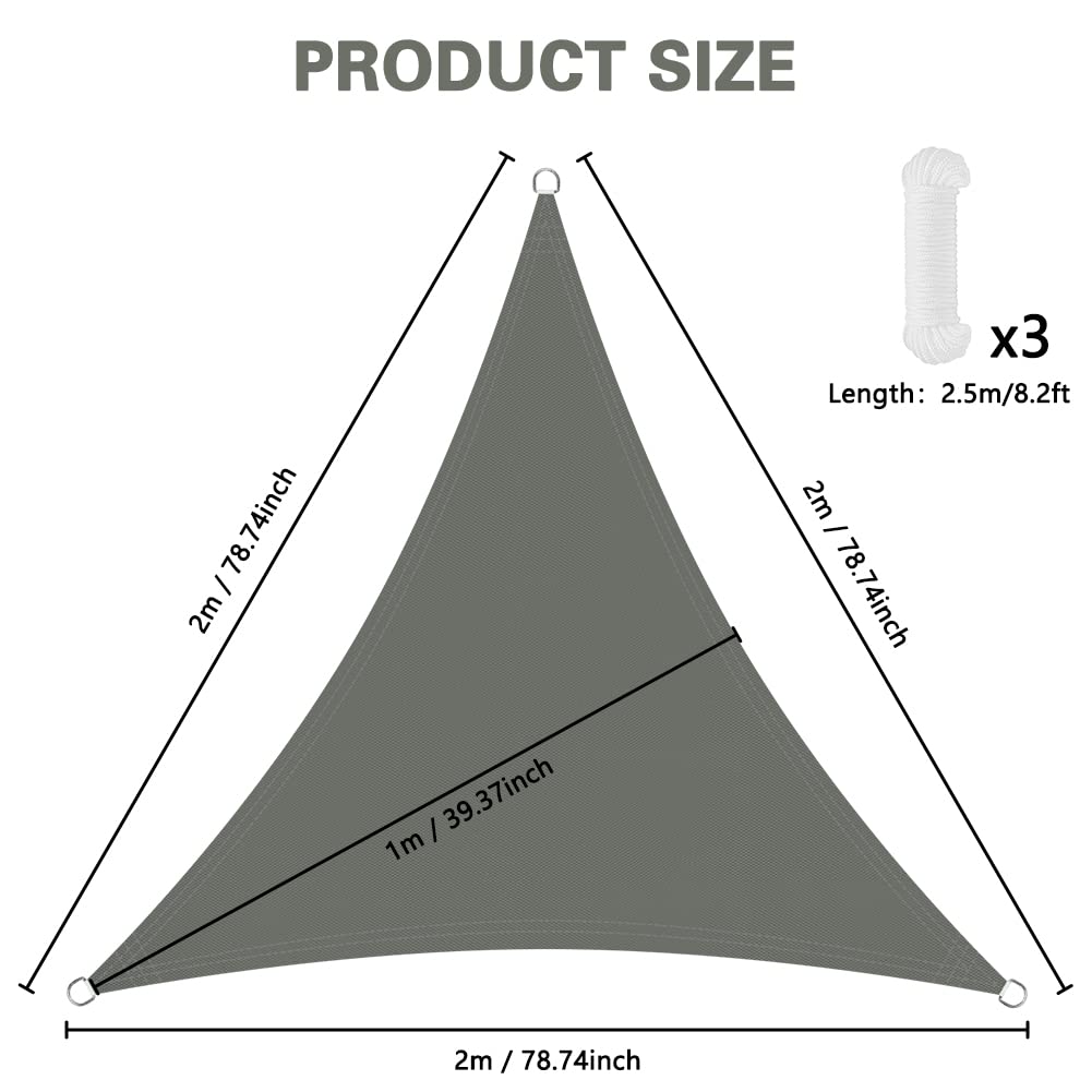 OFFCUP Sun Shade Sail, 2x2x2m Awning Canopy, 160gsm Waterproof Shade Sail Garden Sun Sail Patio Canopy 95% UV Block with Free Rope, for Outdoors, Garden, Patio, Yard, Party (Grey)
