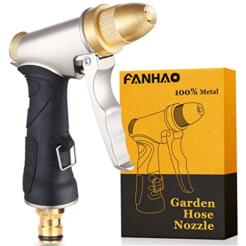 FANHAO Garden Hose Spray Gun with Adjustable Patterns, 100% Heavy Duty Metal Hose Pipe Spray Gun High Pressure Hose Nozzle for Lawn and Garden, Car & Pet Washing, Full Brass Nozzle - Non-Slip Grip