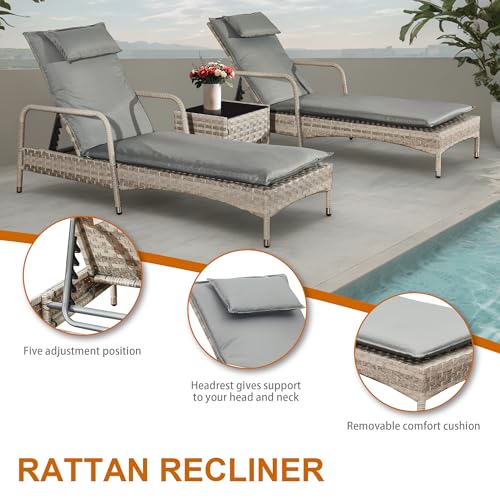 Aweather 3 Pieces Rattan Lounger Set Sun Lounger,PE Rattan Patio Lounge Chair Set,Outdoor Recliner Lounge Chairs with Adjustable 5-Position Recliner for Patio, Beach, Pool
