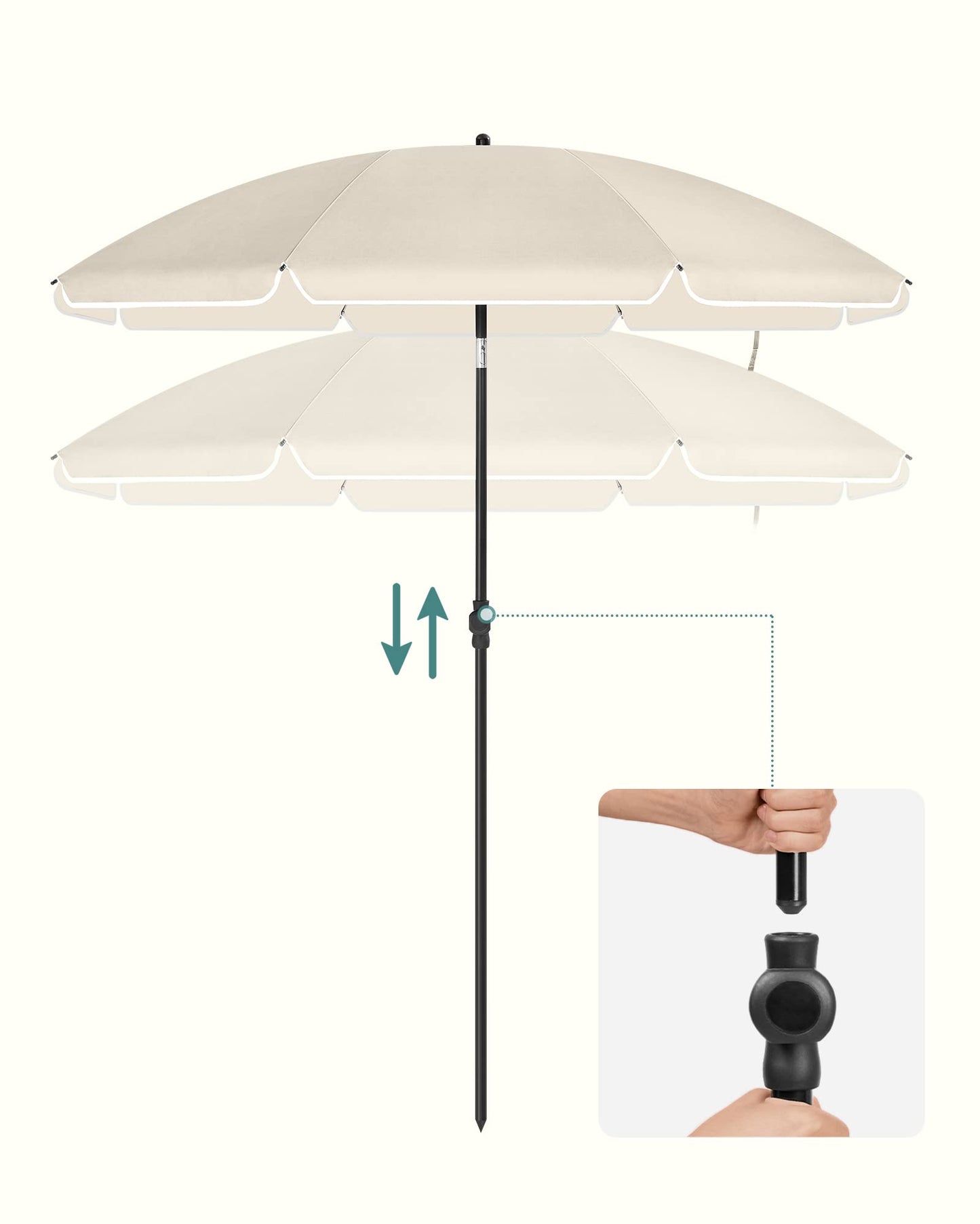 SONGMICS Parasol 160 cm Sun Protection UPF 50-, 30° Tilt in 2 Directions, Adjustable Height, with Carry Bag, for Balcony, Garden, Terrace, Beach, Without Base – Beige GPU60WTV1