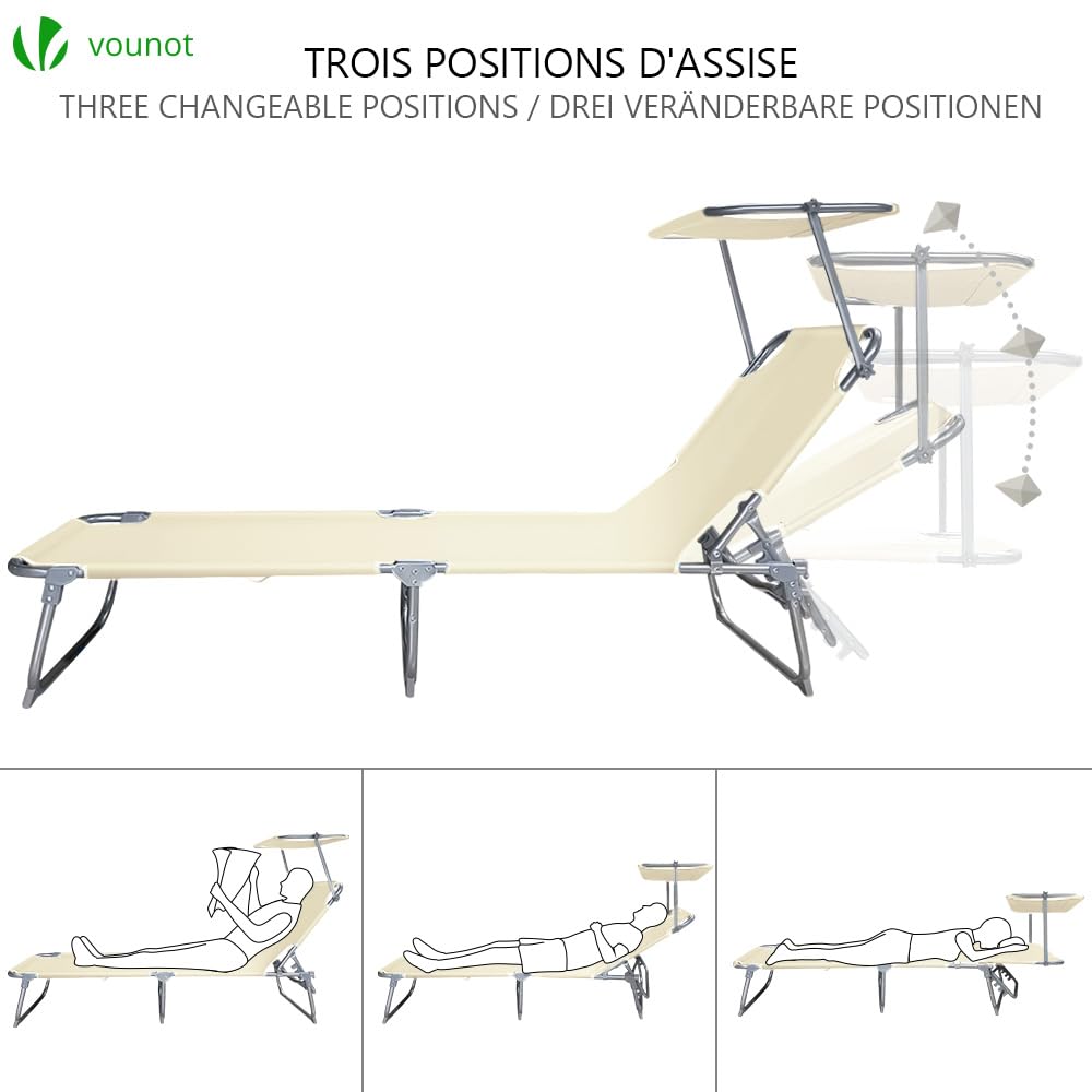 VOUNOT® Folding Sun Loungers Set of 2, Sunbed with Adjustable Backrest & Sunshade for Garden, Beach, Patio, Pool, Camp, Load 110 kg, Beige