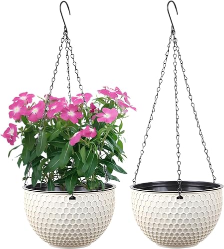 WOWEI 2 Pack Hanging Basket Self-Watering Hanging Planters Pots with Water Reservoir & Drain Hole, Hanging Basket for Plants with Chains Outdoor Garden Flower Planter Container