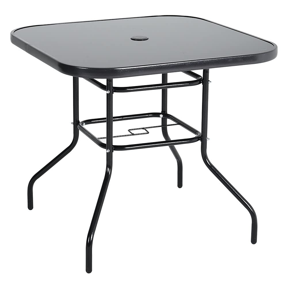 The Fellie Garden Table Outdoor Dining Table Tempered Glass Top Coffee Table Patio Table with Parasol Hole (Square-80 x 80 x 72cm)