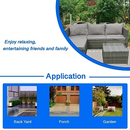 COZYBRITE Garden Corner Sofa Rattan Furniture Set 4 Seater Patio Outdoor Lounge Settee with Glass Coffee Table & Cover All-weather SFS066 (Mix Grey Rattan-Grey Cushion)