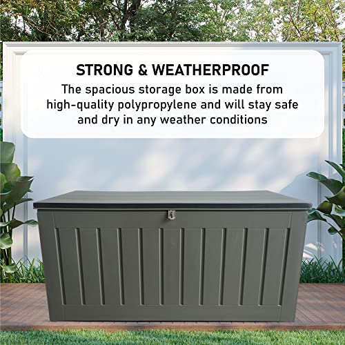 Olsen & Smith 830L Extra Large XL Outdoor Garden Storage Box - Weather Resistant Heavy Duty Garden Box Wood Effect with Padlock - Massive Capacity Storage Chest for Tools Cushions Toys & More, Grey