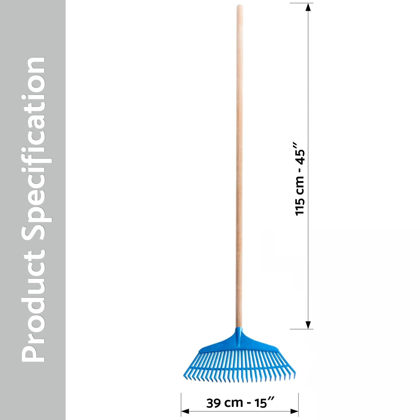 Garden Leaf Rake - 25 Tine Plastic Head & 115 cm Wooden Handle, 39 cm Wide - Lightweight & Durable for Quick Lawn Cleaning, Ideal Universal Gardening Tool for All Seasons