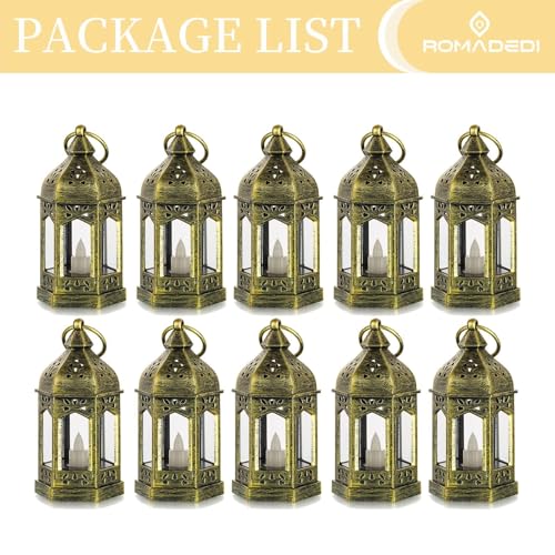 Romadedi Gold Candle Lantern Christmas - 10pcs Hanging Small Decorative LED Lantern Bulk for Halloween Table Decoration Wedding Decor Moroccan Ramadan