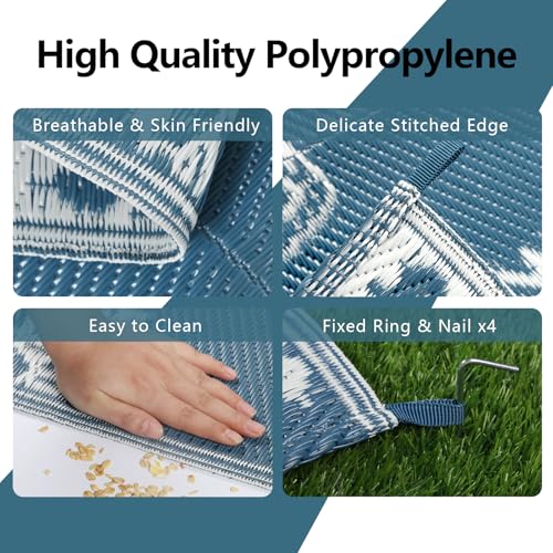 Famibay Outdoor Rug Waterproof Plastic Straw Garden Rugs Reversible Rug 120 x 180 cm Outdoor Patio Carpet UV Resistant Portable Mandala Area Rug for RV Balcony Picnic Blue