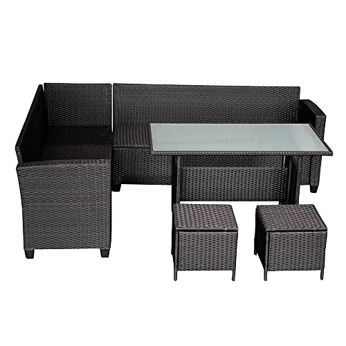 Panana 8-Seater Rattan Corner Sofa Set with Table & Stool, Outdoor Wicker Patio Lounge Furniture Set for Garden, Patio, Balcony, and Conservatory (Black Wicker with Grey Cushions)