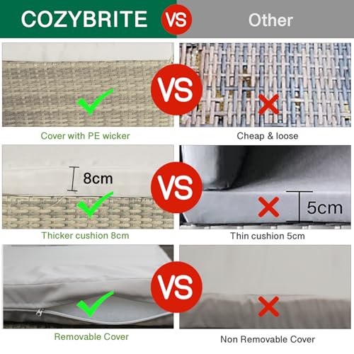 COZYBRITE Garden Corner Sofa Rattan Furniture Set 4 Seater Patio Outdoor Lounge Settee with Glass Coffee Table & Cover All-weather SFS066 (Mix Brown Rattan-Brown Cushion)