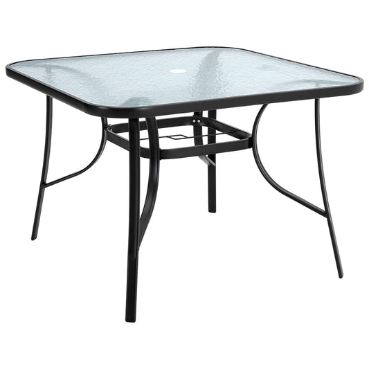 DKIEI 105cm Square Black Outdoor Table with Umbrella Hole, Modern Glass Top for Garden, Patio, Balcony, Backyard