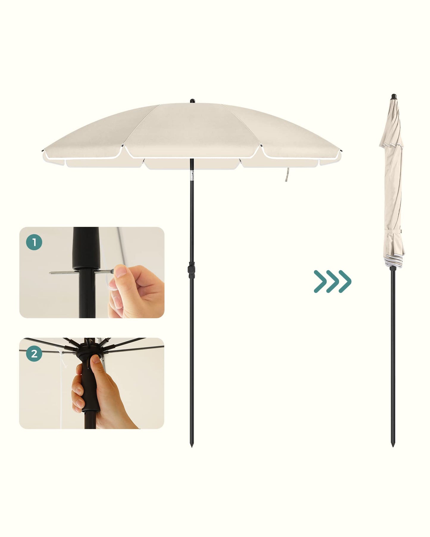 SONGMICS Parasol 160 cm Sun Protection UPF 50-, 30° Tilt in 2 Directions, Adjustable Height, with Carry Bag, for Balcony, Garden, Terrace, Beach, Without Base – Beige GPU60WTV1