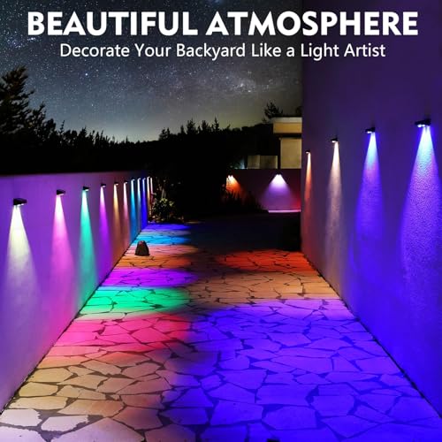 sununiny Solar Fence Lights Outdoor Garden,4 Pack Wall Lights Outdoor IP65 Waterproof,9 Colors 11 Modes RGB Garden Fence Lights Solar Powered for Outside Backyard,Pathway,Yard