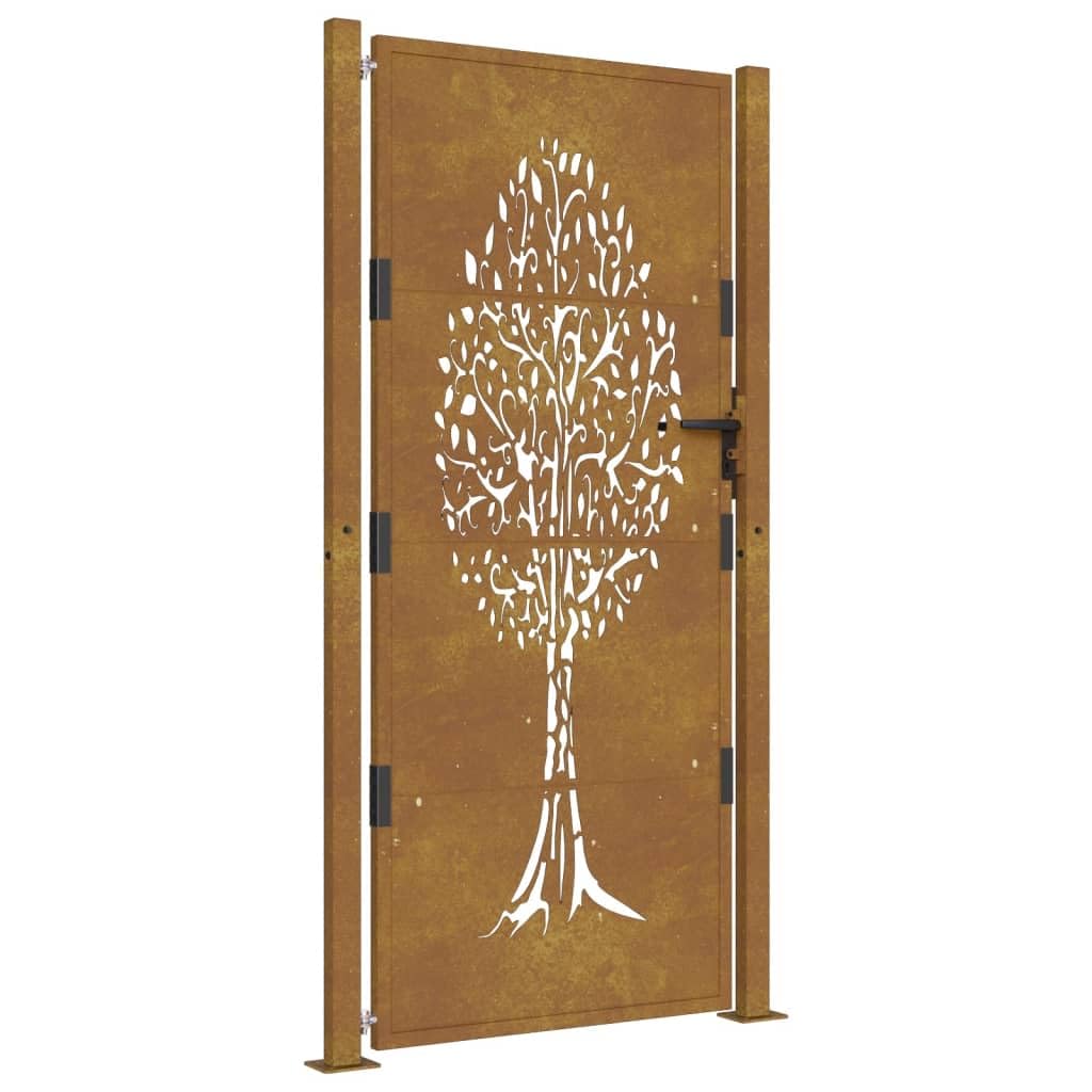 vidaXL Garden Gate with Laser-Cut Tree Design - 105x180 cm Rustic Brown, Corten Steel Construction, Lockable Door for Secure Entry, Heavy-Duty and Weather-Resistant