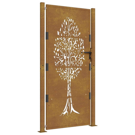 vidaXL Garden Gate with Laser-Cut Tree Design - 105x180 cm Rustic Brown, Corten Steel Construction, Lockable Door for Secure Entry, Heavy-Duty and Weather-Resistant