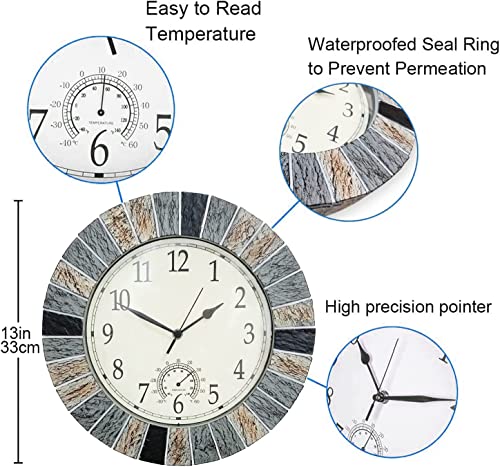 eYotto 13 Inch Garden Clocks Outdoor Waterproof, Large Wall Clock with Thermometer, Weatherproof Non-Ticking Battery Operated for Patio, Pool, Lanai, Fence, Porch, Backyard, Decor, Gift