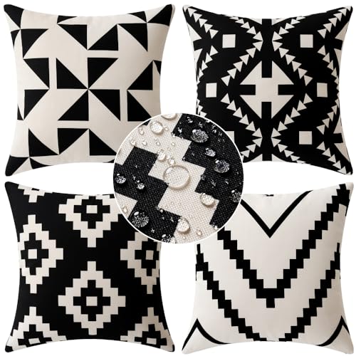 MIULEE 4 Pack Cushion Covers Outdoor Waterproof Throw Pillow Cover Home Pillow Case Pillowcases for Tent Park Bed Sofa Chair Bedroom Decorative Balcony 45x45cm 18x18inch Black