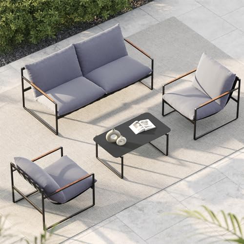 Grand patio Garden Furniture Set 4 Piece, Outdoor Patio Conversation Sofa Set with Cushion, Modern Metal Couch Loveseat Chairs and Coffee Table for Porch Balcony Backyard Living Room (Grey)