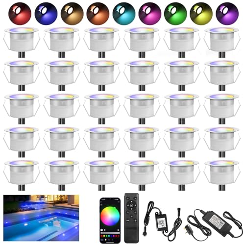 INDARUN RGBW Led Decking Lights Waterproof IP67 Ø31MM - WiFi Controller - Lighting for Terrace/Patio/Path/Wall/Garden/Decoration, 30 Packs