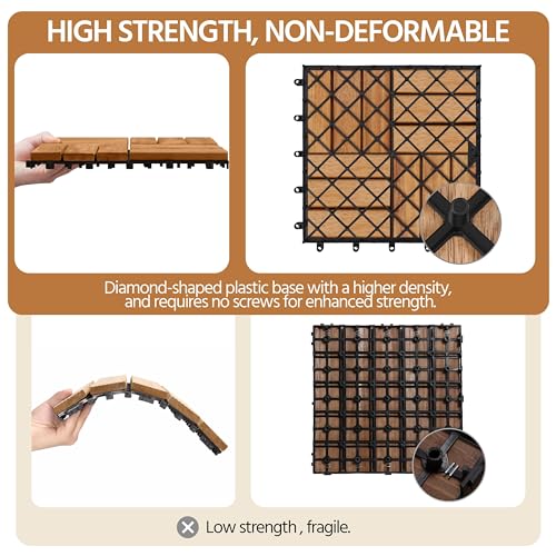Yaheetech 1 Pack Acacia Wood Interlocking Patio Deck Tiles, Waterproof Solid Flooring Tiles for Indoor Outdoor, 31 cm W × 31 cm L Garden Deck for Patio Garden Poolside All Weather Use, Total 27pcs