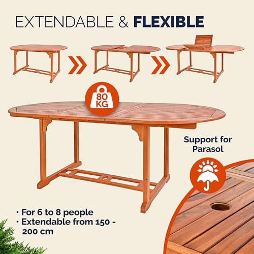 CASARIA® Vanamo Extending Wooden Garden Dining Table | FSC®-Certified Eucalyptus Wood | 150-200x100cm Extendable Foldable Adjustable | Patio Furniture Outdoor Oval 6 Seater