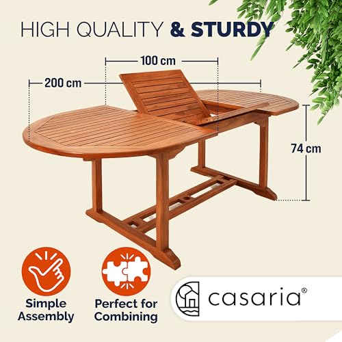 CASARIA® Vanamo Extending Wooden Garden Dining Table | FSC®-Certified Eucalyptus Wood | 150-200x100cm Extendable Foldable Adjustable | Patio Furniture Outdoor Oval 6 Seater