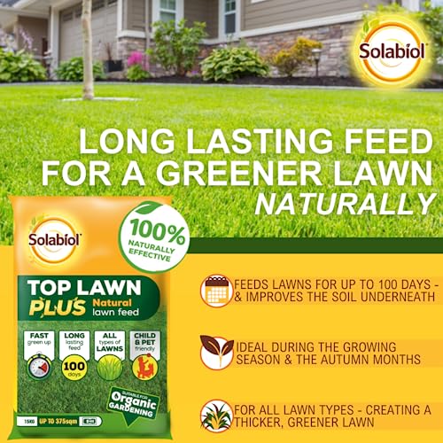 Solabiol Toplawn Plus, 15kg - Natural Fertiliser - Improves Soil Nutrients - Organic Approved - New & Existing Lawns