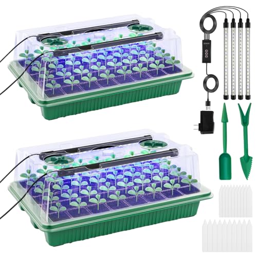 DOUUCO Seed Trays with Grow Light, 2 Pack 80 Cells Propagators Trays with Heightened Lids, Seedling Starter Growing Trays Adjustable Window 2 Meters Timing Controller for Greenhouse Gardens Green