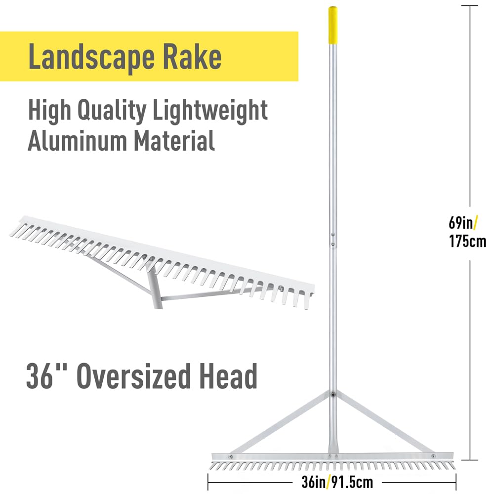 Byhagern Landscape Rake 36'', Aluminum Rake with Lightweight 69'' Handle, Landscaping Rakes Tool for Lawn Care, Lake and Beach