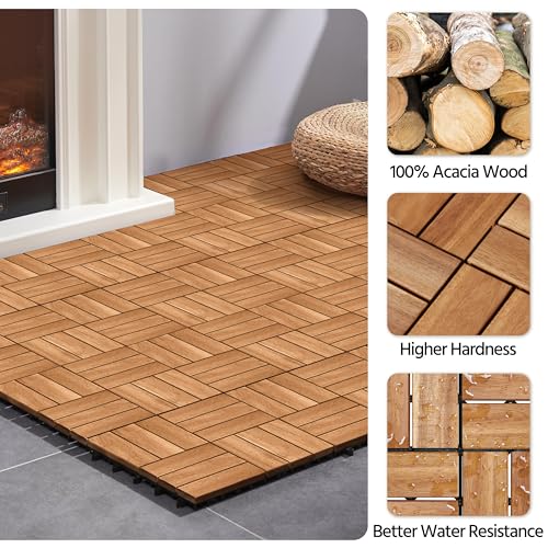 Yaheetech 1 Pack Acacia Wood Interlocking Patio Deck Tiles, Waterproof Solid Flooring Tiles for Indoor Outdoor, 31 cm W × 31 cm L Garden Deck for Patio Garden Poolside All Weather Use, Total 27pcs