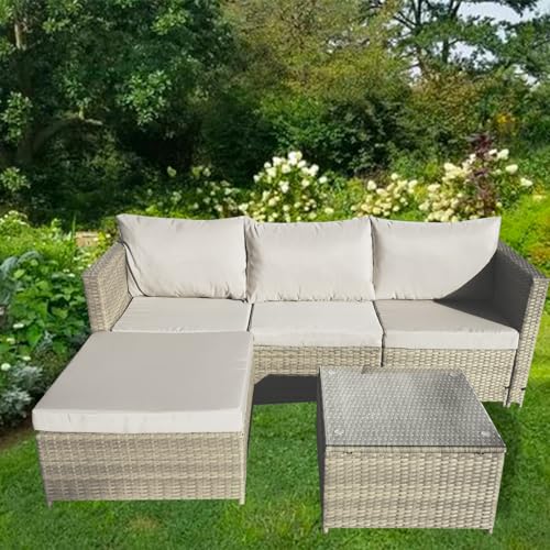 COZYBRITE Garden Corner Sofa Rattan Furniture Set 4 Seater Patio Outdoor Lounge Settee with Glass Coffee Table & Cover All-weather SFS066 (Mix Brown Rattan-Brown Cushion)