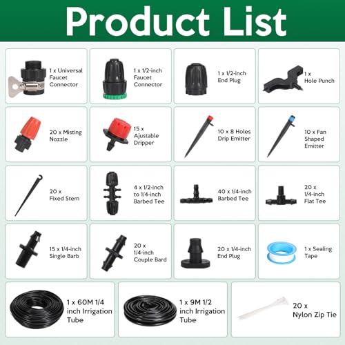 YAKHAN 221 PCS Drip Irrigation System Kit, 60M 1/4 Inch - 9M 1/2 Inch 230FT Automatic Garden Watering DIY System, Garden Automatic Irrigation Equipment for Lawn, Greenhouse, Flower Beds, Pot Plants