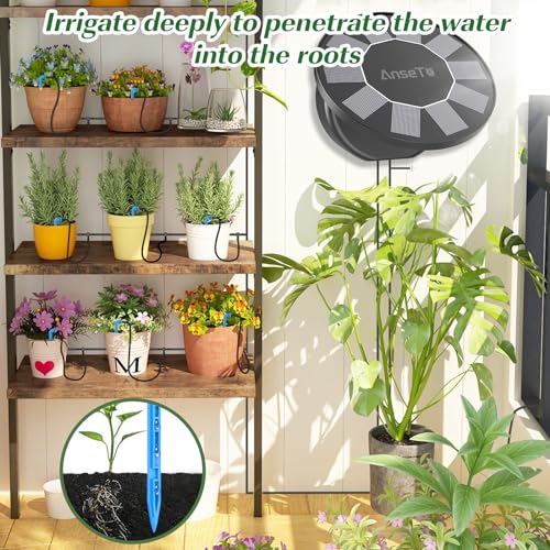 AnseTo Solar Irrigation System, 2024 Newest Flip Cover Irrigation System Kit Solar Drip Irrigation System with 9 Watering Programs and 10M Hose for Gardens,Courtyards,Balconies,Greenhouses ect