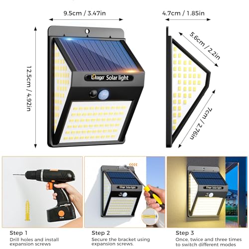 [2 Pack] 140LED Solar Security Lights Outdoor, Solar Motion Sensor Lights 270ºWide Angle Waterproof Solar Powered Durable Wall Lights Outside 3 Lighting Modes for Garden Fence Door Yard Garage Pathway