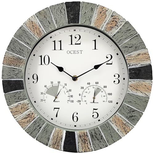 OCEST Heavy Duty Garden Clocks Outdoor Waterproof, 13inch Resin Large Wall Clock with Thermometer and Hygrometer Battery Operated Non Ticking Decorative for Patio Pool