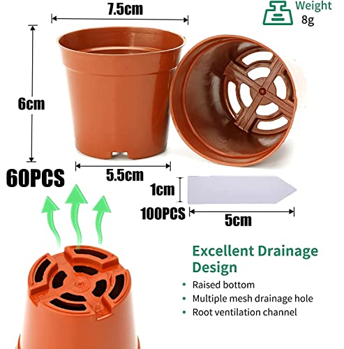 LATERN 60Pcs Plastic Flower Pots, 7.5CM Plant Nursery Pots Small Flower Container Seedling Pots with Drainage Holes for Succulent Fruit Vegetable Seedlings Transplanting - with 100Pcs Plant Labels