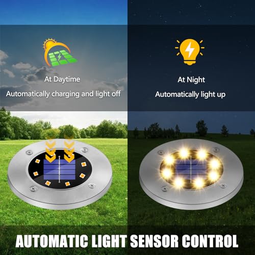 SCNNC Solar Lights Outdoor Garden, 8 LEDs Solar Ground Lights Warm White IP65 Waterproof Decking Light, Solar Powered Pathway Lights Garden Solar Disk Lights for Lawn Yard Patio Landscape, 8 Pack