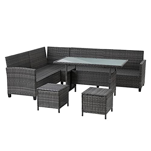 Panana 8-Seater Rattan Corner Sofa Set with Table & Stool, Outdoor Wicker Patio Lounge Furniture Set for Garden, Patio, Balcony, and Conservatory (Mixed Grey Wicker with Grey Cushions)