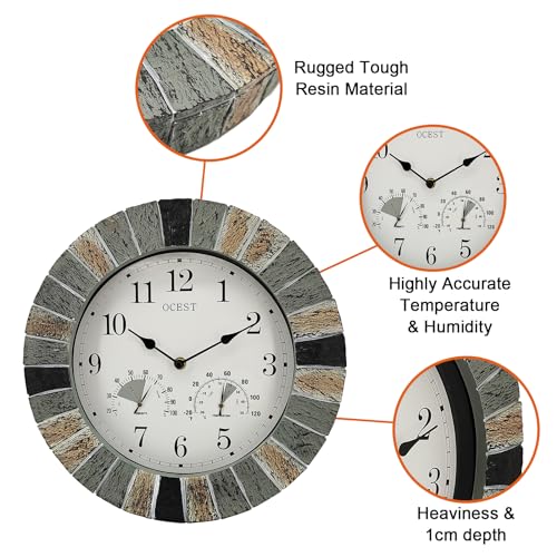 OCEST Heavy Duty Garden Clocks Outdoor Waterproof, 13inch Resin Large Wall Clock with Thermometer and Hygrometer Battery Operated Non Ticking Decorative for Patio Pool