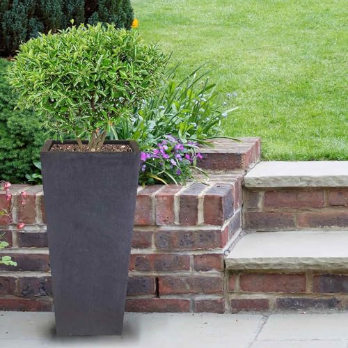 IDEALIST Set of 2 Small 50.5cm Tall Planter for Garden | Dark Grey Reinforced Stone Tapered Square Planter | Outdoor Pots with Drainage Holes L24.5 W24.5 H50.5 cm, 18 litres