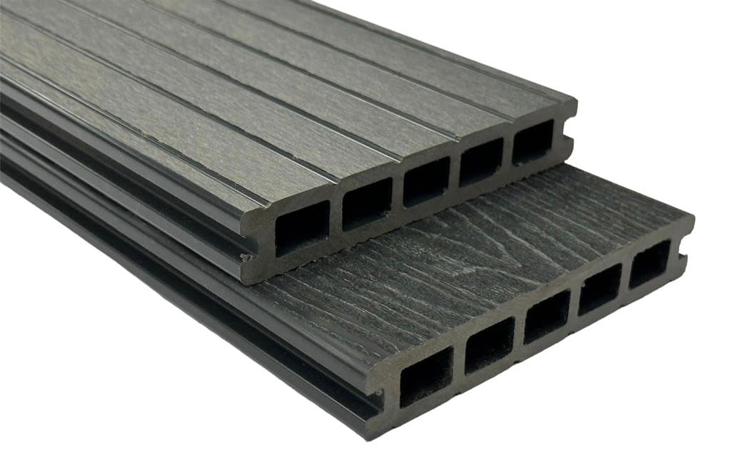 Tuda Grass Direct | 3.6m Composite WPC Decking - Deep Embossed Woodgrain Plastic Boards | 8 Colours | All Fixings & Edgings Included | (4 sqm | 8 Boards, Grey)