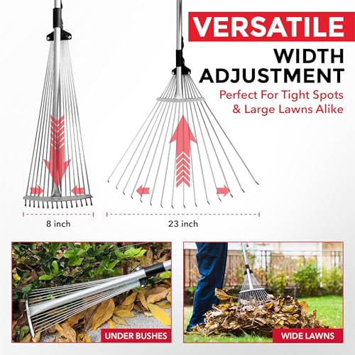 TABOR TOOLS J16E Telescopic Metal Rake, 160 cm long, Adjustable Folding Leaves Rake for Quick Clean Up of Lawn and Yard, Garden Leaf Rake, Expanding Handle with Adjustable 20-58cm Folding Head