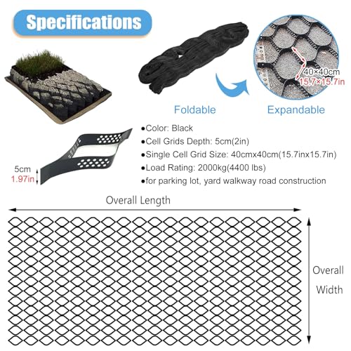 Black Geogrid for Gravel Driveway 2 Inch Polyethylene Grids for Patio Paver Base DIY Garden Playgrounds Park Permeable Paving Stabilizer 500cmx1000cm (16.4ftx32.8ft)