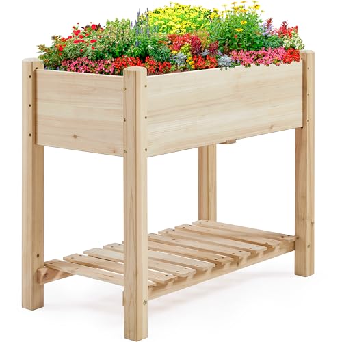 Yaheetech Raised Garden Bed 2 Tiers Wooden Plant Raised Bed Garden Elevated Planter Box with Storage Shelf for Vegetables/Flowers/Herbs/Fruits,86 x 46 x 76cm