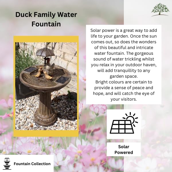 Garden Mile Novelty Duck Family Water Fountain with Umbrella - Solar Powered Freestanding Stone Bird Bath Water Feature - Garden Ornament Outdoor Decorative Centrepiece for Pond, Patio and Lawn Decor