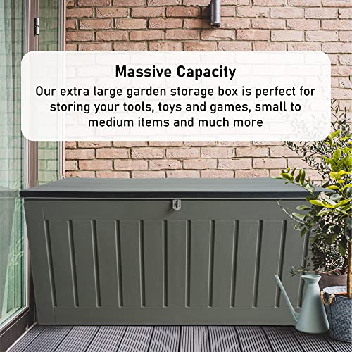 Olsen & Smith 830L Extra Large XL Outdoor Garden Storage Box - Weather Resistant Heavy Duty Garden Box Wood Effect with Padlock - Massive Capacity Storage Chest for Tools Cushions Toys & More, Grey