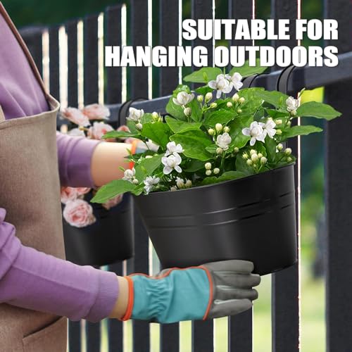 LATERN 4Pcs Metal Hanging Flower Pots, 27.5cm Large Plant Pots Hanging Flower Bucket with Detachable Hook for Balcony Fence Garden Home Decor (Black)
