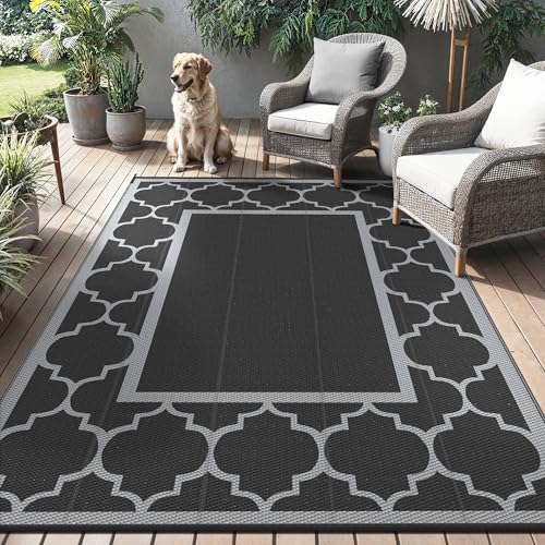 GENIMO Outdoor Rug Garden Rugs Waterproof Reversible Plastic Carpet, Washable Large Outdoor Rug for RV, Patio, Camping, Picnic, Deck, Camper, 180x275cm, Black & Grey