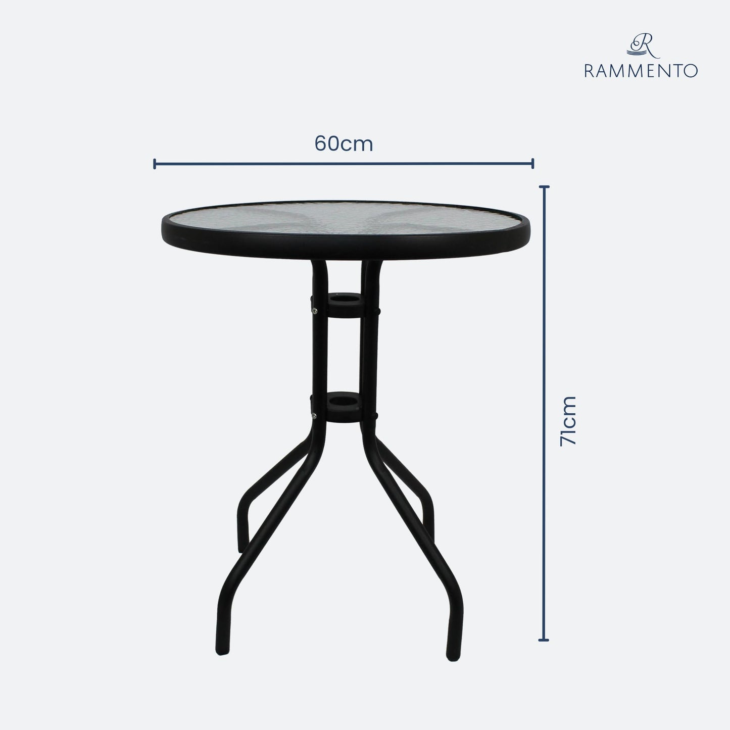 Rammento 71cm, (27.95") Black Metal & Round Tempered Glass Bistro Table | 60x60x71cm Indoor/Outdoor Café Dining Table for Conservatory, Decking & Home | Lightweight & Portable Rippled Glass Table