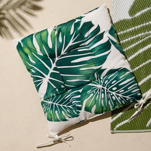 OHS Outdoor Seat Pads Tropical Leaf, Water Resistant Garden Seat Pads for Outdoor Furniture Bistro Chairs Comfy Soft Outdoor Patio Chair Cushions, Pack of 2 Green/White
